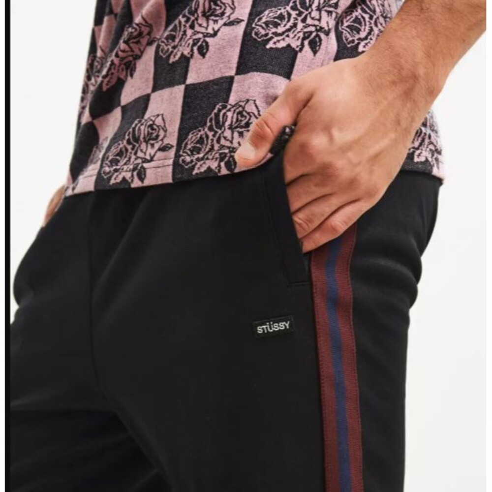 Stüssy Link Poly Track Pants Black Burgundy Stripe Size SMALL Style #116332 Y2K
